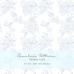 May include: A seamless pattern featuring light blue line art illustrations of swans and floral bouquets on a white background. The text reads Seamless Pattern, TIGER by NANII, JPG, PNG, 300DPI, 3600 x 3600 pixels. The design repeats the swan and flower motif.