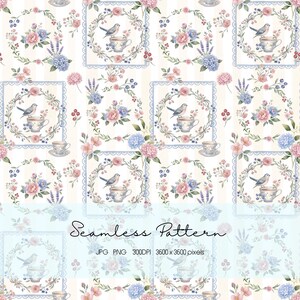 May include: A seamless pattern featuring repeating square frames containing watercolor illustrations of blue birds perched on teacups, surrounded by floral wreaths of pink roses, blue hydrangeas, and lavender sprigs on a cream striped background.