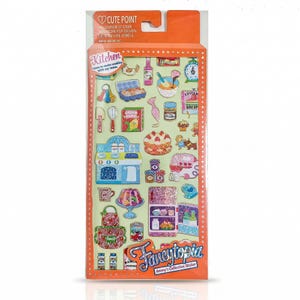 May include: A sheet of holographic stickers with a kitchen theme. The stickers depict kitchen-related illustrations, including food items, appliances, and decorative elements. The packaging includes the text "CUTE POINT" and "Fancytopia".