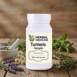 以下が含まれることがあります： 白地のHerbal Medicineターメリッククルクミンカプセル、500mg/カプセルのボトル。ラベルには緑色のボウルと葉のロゴがあります。ボトルは、木製の表面にハーブと花に囲まれています。