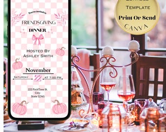 Pink Checkered Friendsgiving Invitation | Fall Dinner Party (Digital Download)