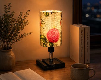 Vintage Floral Table Lamp | Romantic Rose Lampshade | Custom Bedside Lamp with USB Ports & Phone Holder | Cozy Cottagecore Home Decor