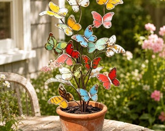 Colorful Butterfly Garden Stake, Metal Butterfly Plant Pot Decor, Rustic Flower Pot Insert, Outdoor Garden Yard Patio Decor Gift