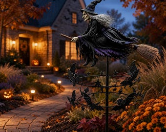 Molinillo de viento de bruja de Halloween, estaca de metal para jardín, decoración de bruja voladora para el patio, arte cinético de murciélago para jardín, decoración de Halloween para exteriores