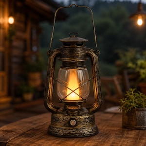 May include: A vintage-style lantern with a clear glass globe and a warm, flickering LED light. The lantern has a bronze finish and a handle for carrying. It is on a wooden surface, with a small plant in a pot nearby.