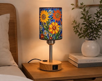 Lámpara de mesa con diseño artístico, control táctil, carga USB-C y USB, lámpara de mesita de noche personalizada, luz nocturna acogedora, decoración del hogar, regalo para ella.