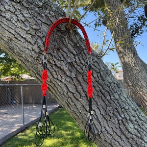May include: A red and black braided rope swing hangs from a tree branch. The swing has two black loops with silver metal clips and a red braided section. The background shows green grass and a blue sky.
