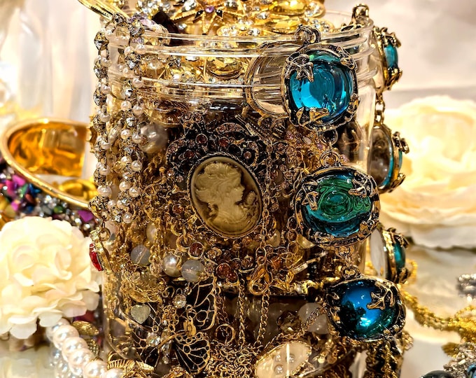 Victorian Vintage Mystery Jewelry Jar: Curated Gold Necklace Earrings Ring Bracelet Set