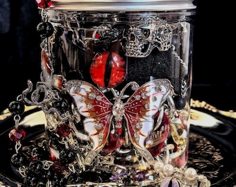 Handmade Gothic Mystery Jewelry Jar, Spooky Witch Rings, Earrings, Necklace Set