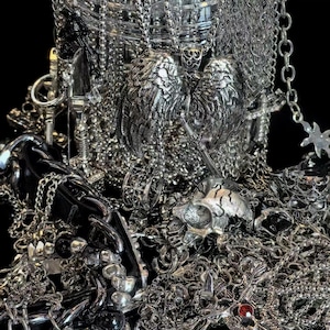 May include: A collection of silver-toned metal jewelry featuring multiple layered chains, a prominent pendant shaped like a pair of detailed wings, a metallic skull charm, and a small cross accent with a single red stone set against a black background.