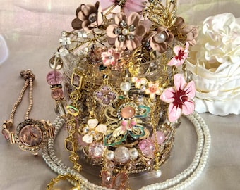 Vintage Pink Mystery Jewelry Jar: Curated Necklace Earrings Ring Bracelet Gift For Her