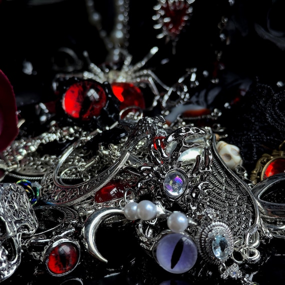 Handmade Gothic Mystery Jewelry Jar, Spooky Witch Rings, Earrings