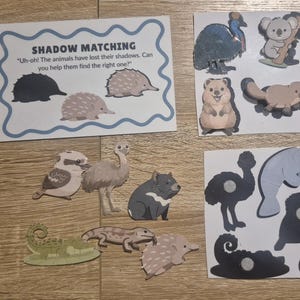 May include: A shadow matching educational game set featuring various Australian animal cutouts including a koala, wombat, kangaroo, platypus, and emu. The set includes printed cards with animal illustrations, corresponding black silhouettes, and text.