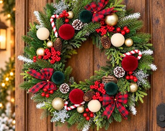 Peut inclure: Une couronne de Noël composée de branches de pin vertes décorées de nœuds à carreaux rouges et noirs, de boules en velours rouge, d'ornements dorés, de pommes de pin, de baies rouges, de sucres d'orge et de flocons blancs sur une porte en bois.
