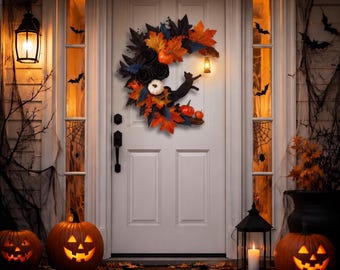 Wieniec jesienny z czarnym kotem na Halloween na drzwi wejściowe, wieniec z dyni i jesiennych liści, upiorna dekoracja drzwi sztucznymi kwiatami, gotycki wystrój ganku