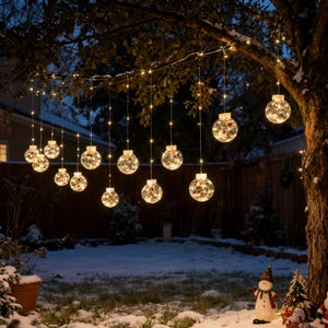 May include: Outdoor scene featuring string lights and hanging globe lights. The globe lights are clear with red and white accents, and are suspended from a tree branch. The scene is set in a snowy backyard with a snowman and small Christmas tree.