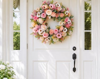 Boho Pink Floral Spring Wreath for Front Door, Artificial Silk Faux Flower Wreath Decor for Farmhouse, Cottage Wall Hanging, Housewarming