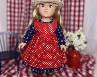 Robe bleue et chasuble à pois rouges pour poupée de 18 pouces