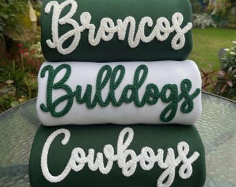 Custom Chenille Football Sweatshirt, Game Day Sweatshirt, Personalize Sporty Cheer Outfit, Team Colors Gift, Football Sleeve Icon