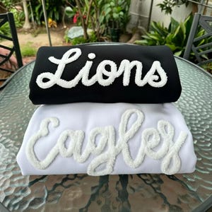 Sport Teams, chenille sweatshirt, yarn sweatshirt, team spirit shirt, embroidered sweater, yarn embroidery, chenille letters, team gear, mascots, spirit shirt, game day, football mom, gameday sweater