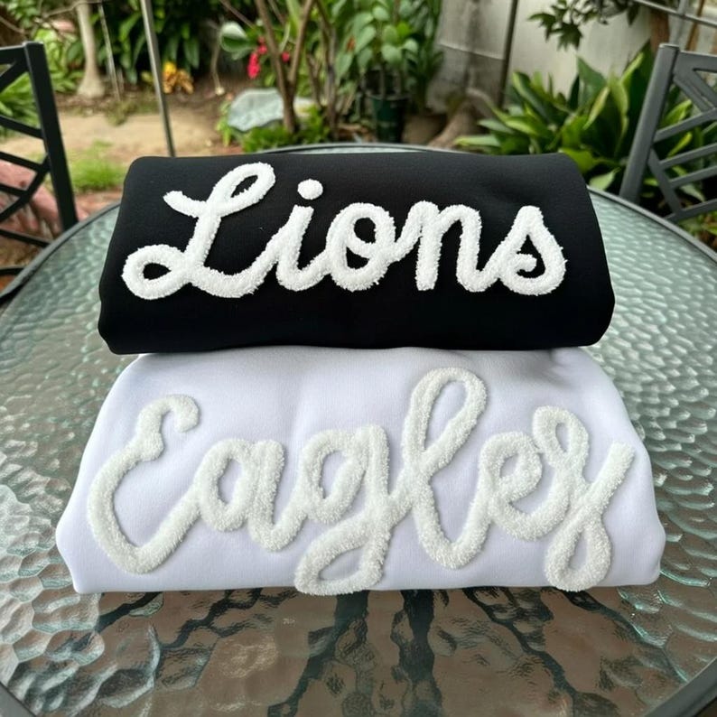 Sport Teams, chenille sweatshirt, yarn sweatshirt, team spirit shirt, embroidered sweater, yarn embroidery, chenille letters, team gear, mascots, spirit shirt, game day, football mom, gameday sweater