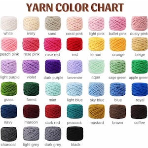 May include: A yarn color chart displays a variety of yarn colors, including white, ivory, sand, coral pink, and light pink. The chart also features colors like red, orange, and blue, with the text "YARN COLOR CHART" at the top.