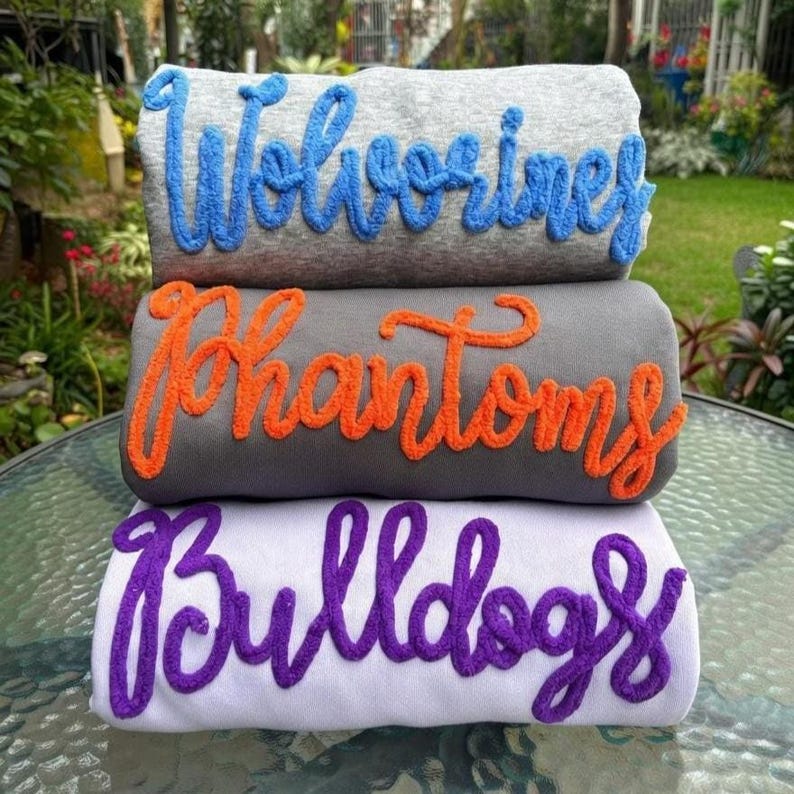 Sport Teams, chenille sweatshirt, yarn sweatshirt, team spirit shirt, embroidered sweater, yarn embroidery, chenille letters, team gear, mascots, spirit shirt, game day, football mom, gameday sweater