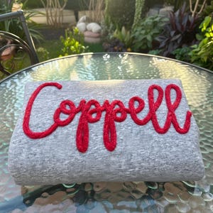 Sport Teams, chenille sweatshirt, yarn sweatshirt, team spirit shirt, embroidered sweater, yarn embroidery, chenille letters, team gear, mascots, spirit shirt, game day, football mom, gameday sweater