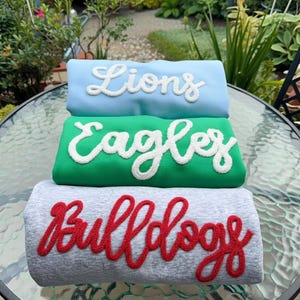 May include: Three folded sweatshirts in light blue, green, and gray. Each sweatshirt features a team name in a contrasting color: "Lions" in white, "Eagles" in white, and "Bulldogs" in red. The sweatshirts are stacked on a glass table.