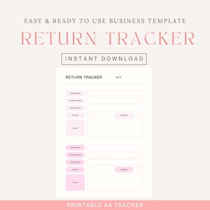 Puede incluir: Una plantilla imprimible A4 de seguimiento de devoluciones con un diseño en rosa pálido y blanco. El texto "RETURN TRACKER" se muestra en una fuente grande y elegante. La plantilla incluye campos para el número de pedido, el número de seguimiento, el nombre del cliente y el motivo de la devolución.