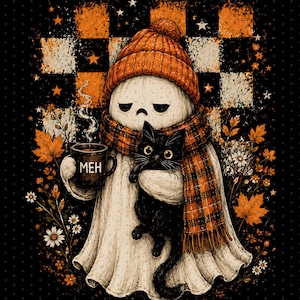 May include: A white ghost figure wearing an orange knit beanie and a plaid scarf, holding a black mug with the text MEH and a black cat. The background features an orange and black checkered pattern, autumn leaves, and small white flowers.