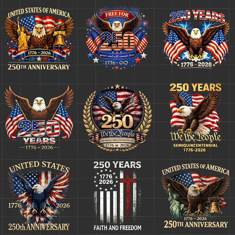 Pu&ograve; includere: Nove design patriottici che celebrano il 250&deg; anniversario degli Stati Uniti. Ogni design presenta una bandiera americana, un'aquila e gli anni 1776-2026. Alcuni design includono la Statua della Libert&agrave; e una Liberty Bell.