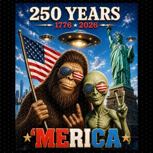 May include: A patriotic graphic featuring a Bigfoot-like creature and an alien wearing American flag sunglasses. The image includes the Statue of Liberty, UFOs, and the text "250 YEARS 1776-2026" and "'MERICA". The background is a blue sky with clouds.
