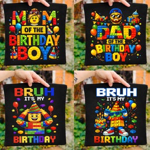 Puede incluir: Cuatro cojines negros con diseños coloridos con temática de cumpleaños. Un cojín dice "MOM OF THE BIRTHDAY BOY" con un gráfico estilo Lego. Otro dice "DAD OF THE BIRTHDAY BOY". Los otros dos cojines dicen "BRUH IT'S MY BIRTHDAY" con gráficos estilo Lego.