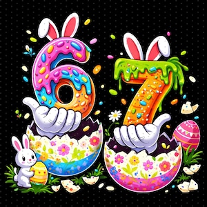 Puede incluir: Un gráfico colorido con temática de Pascua con los números 6 y 7, cada uno adornado con orejas de conejo. Los números son sostenidos por manos de dibujos animados que emergen de cáscaras de huevo decoradas. Un conejito sostiene un huevo de Pascua, con confeti esparcido.