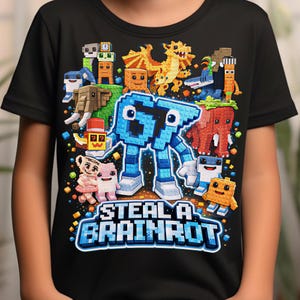 May include: Black t-shirt with a colorful graphic design featuring pixelated creatures and the text "STEAL A BRAINROT" in blue and white. The design includes a large blue robot-like figure and various other characters.