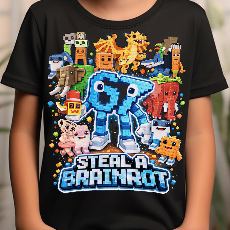May include: Black t-shirt with a colorful graphic design featuring pixelated creatures and the text "STEAL A BRAINROT" in blue and white. The design includes a large blue robot-like figure and various other characters.