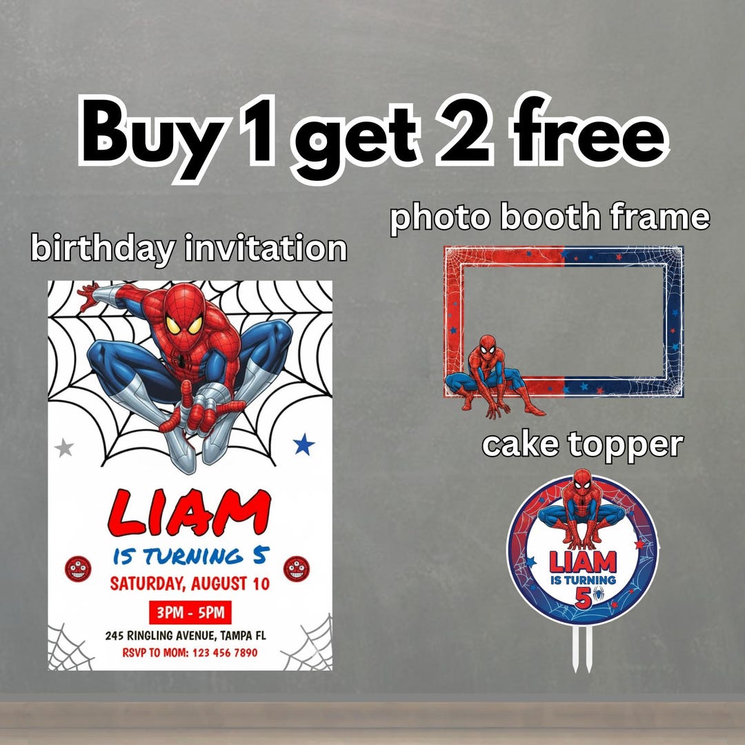 Spidey Birthday Invitation Bundle | Cake Topper & Photo Booth Frame ...