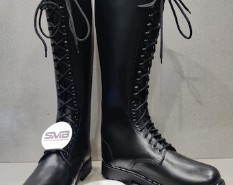 Handcrafted Black Leather Tall Lace Up Boots Chunky Sole Long Footwear
