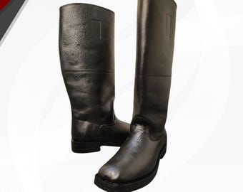 Handmade Black Leather Knee High Boots with Leather Sole, Tall Shaft Classic Style Footwear