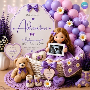 May include: A baby announcement display featuring a doll in a white wicker basket holding an ultrasound image, surrounded by purple and pink balloons, a crochet teddy bear, baby booties, a heart-shaped sign, and lavender flowers with text.