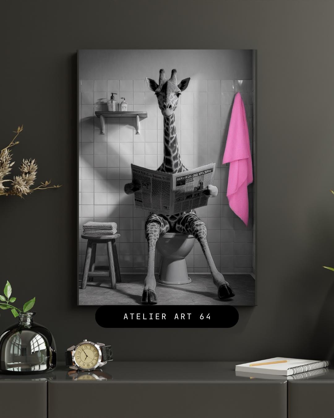 Giraffe Toilet – Funny Bathroom Art – Black & White Humor Poster ...