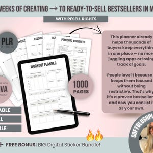Editable ADHD life planner with PLR rights, shown with workout planner page on tablet, highlighting benefits and resale potential.
