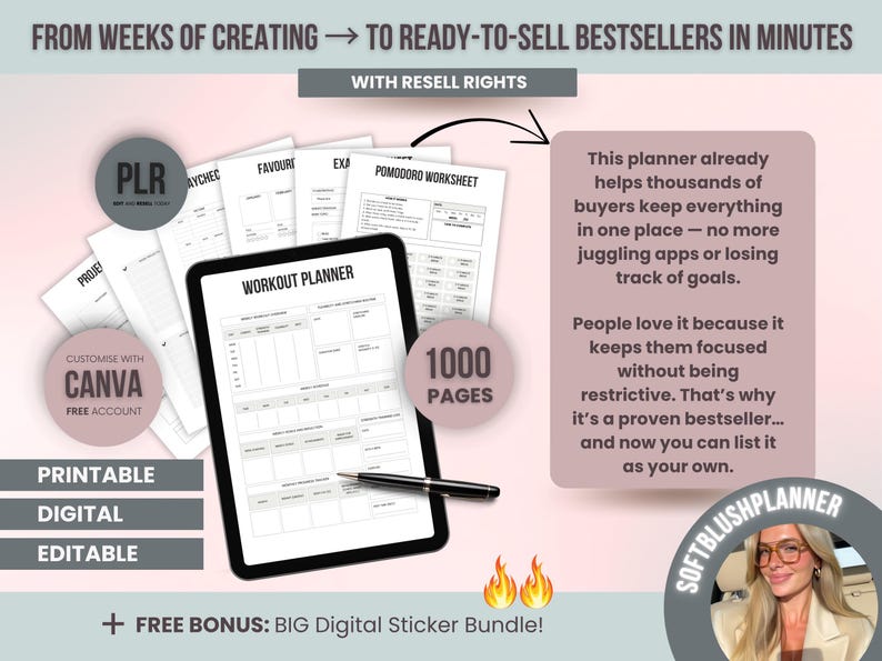 Editable ADHD life planner with PLR rights, shown with workout planner page on tablet, highlighting benefits and resale potential.