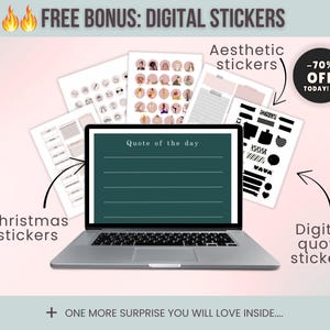 Free bonus digital sticker bundle including aesthetic, quote, and Christmas stickers to use with ADHD planner or sell separately.