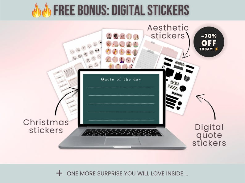 Free bonus digital sticker bundle including aesthetic, quote, and Christmas stickers to use with ADHD planner or sell separately.