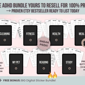 Expanded ADHD planner bundle preview featuring health, cleaning, fitness, pet, reading, and study planners with resell rights.