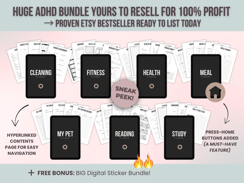 Expanded ADHD planner bundle preview featuring health, cleaning, fitness, pet, reading, and study planners with resell rights.