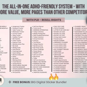Comprehensive list of 1000+ ADHD planner pages included in the bundle, covering self-care, calendars, trackers, and more.