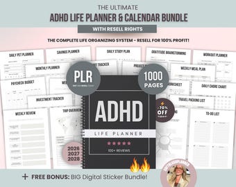 1000 ADHD Life Planner & Calendar Bundle PDF, Editable Canva Templates, Printable Productivity Journal, PLR Resell Rights.